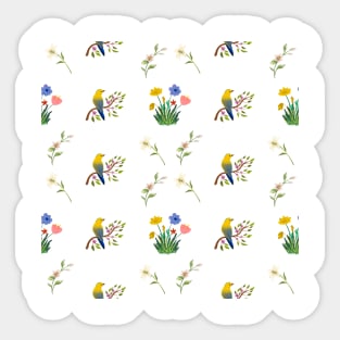 Colorful botanical flowers and a bird on a branch pattern Sticker